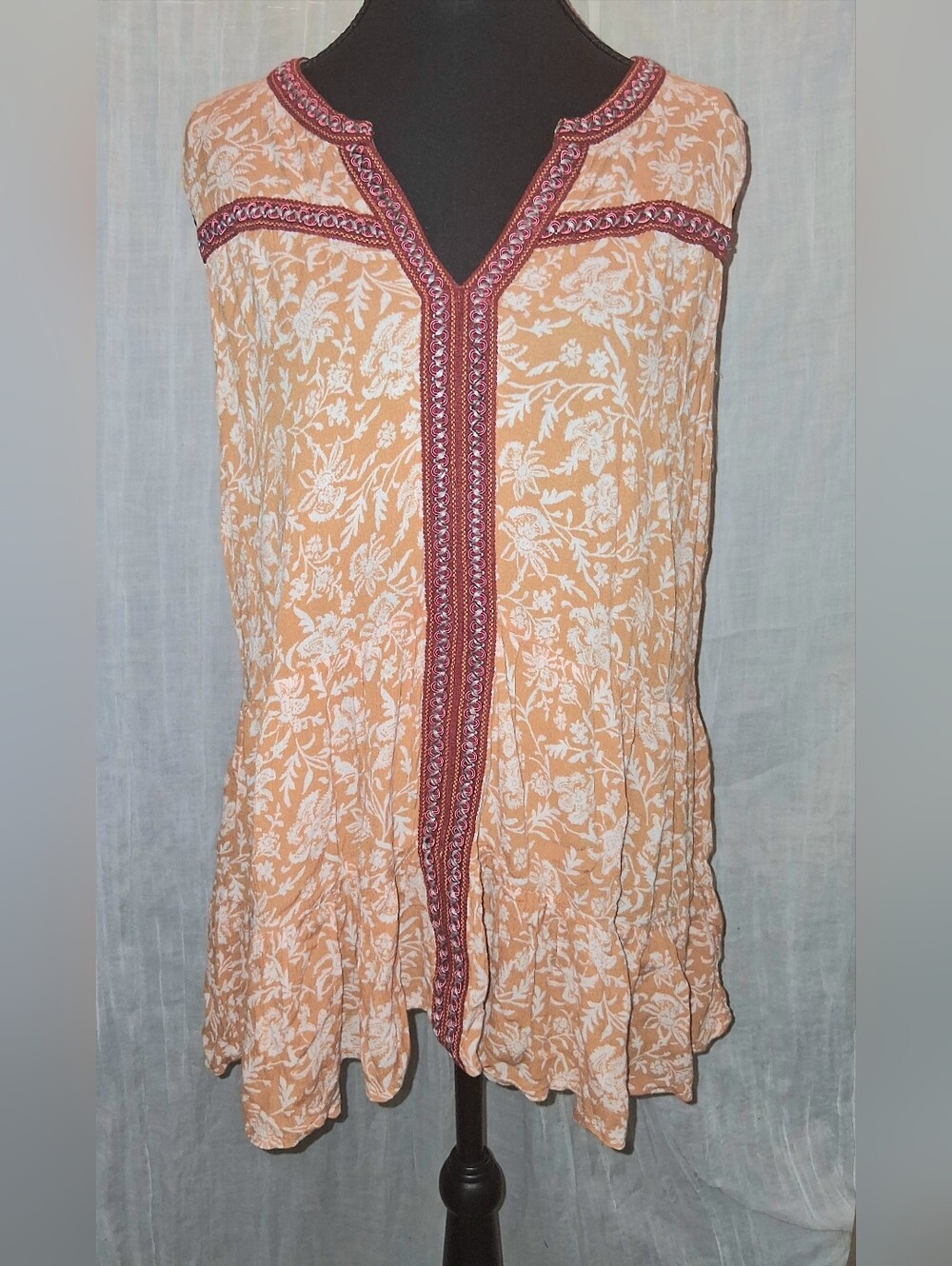 Democracy Peach Floral Tunic with Maroon Embroidered Trim